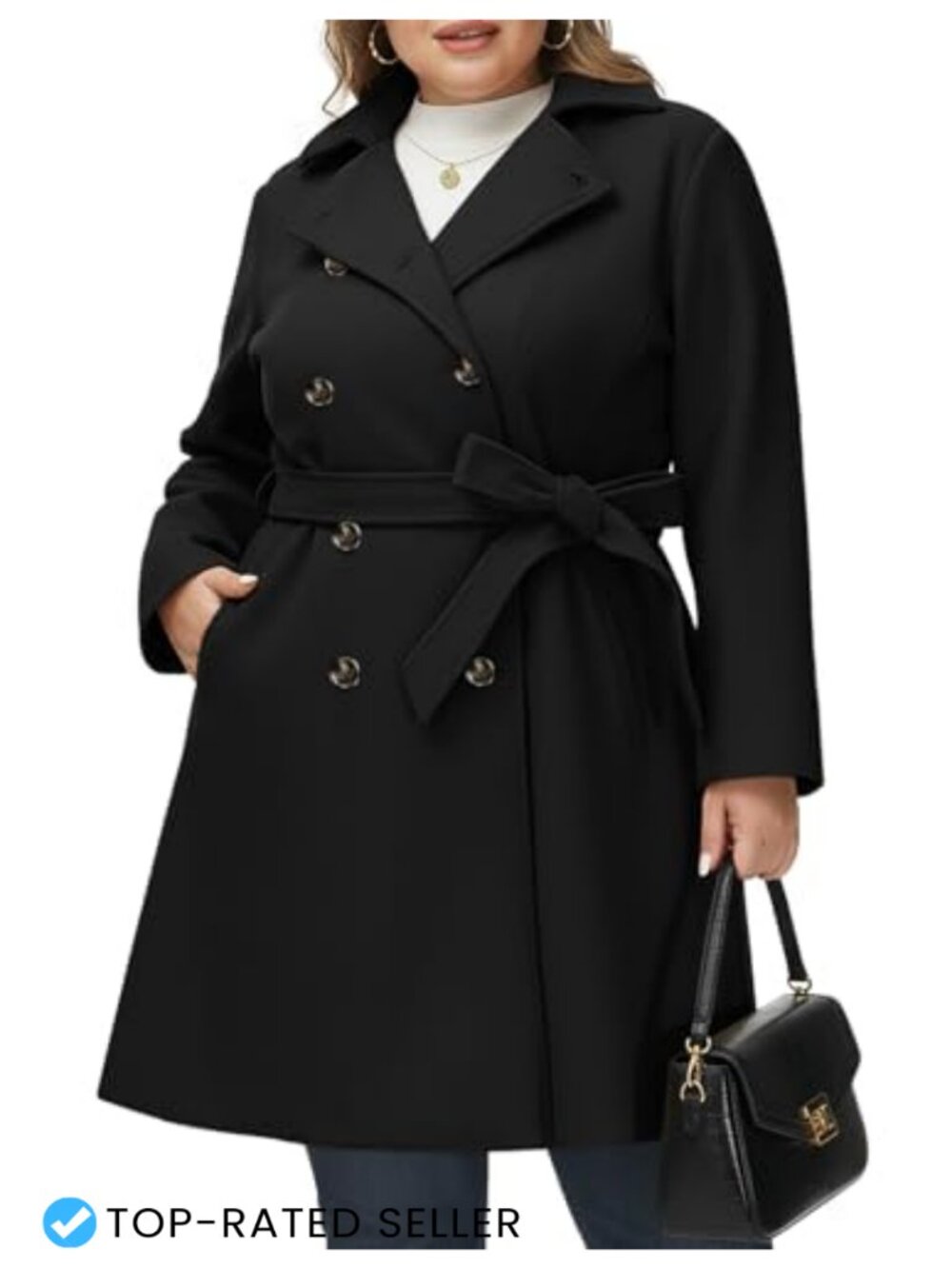 Women's Plus Size Wool Blend Pea Coat Double Breasted Belted Winter Overcoat